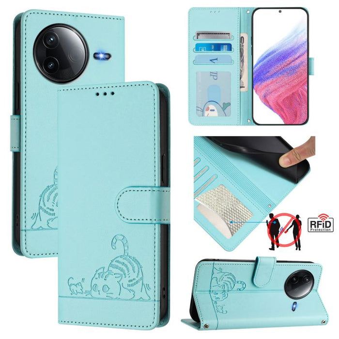 Funda para teléfono de cuero RFID con estampado en relieve de gato y rata y cordón, For Redmi A7 Pro 171mm / Poco C85x 5G, For Redmi 15a 5G Global, For Redmi Turbo 5 Max / Poco X8 Pro Max, For Redmi Turbo 5 5G / Poco X8 Pro 5G                          ...