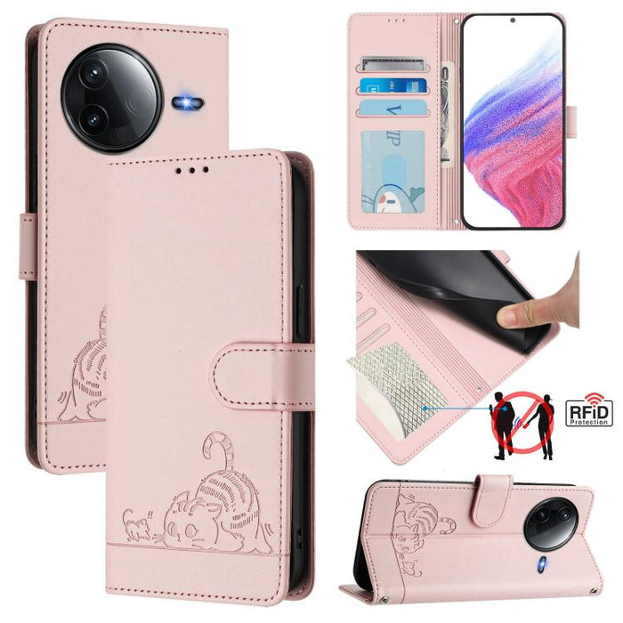 Funda para teléfono de cuero RFID con estampado en relieve de gato y rata y cordón, For Redmi A7 Pro 171mm / Poco C85x 5G, For Redmi 15a 5G Global, For Redmi Turbo 5 Max / Poco X8 Pro Max, For Redmi Turbo 5 5G / Poco X8 Pro 5G                          ...