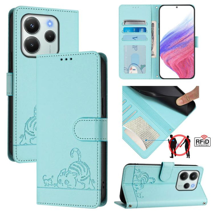 Funda para teléfono de cuero RFID con estampado en relieve de gato y rata y cordón, For Redmi A7 Pro 171mm / Poco C85x 5G, For Redmi 15a 5G Global, For Redmi Turbo 5 Max / Poco X8 Pro Max, For Redmi Turbo 5 5G / Poco X8 Pro 5G                          ...