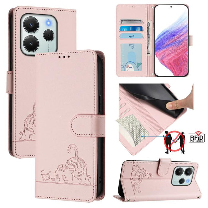 Funda para teléfono de cuero RFID con estampado en relieve de gato y rata y cordón, For Redmi A7 Pro 171mm / Poco C85x 5G, For Redmi 15a 5G Global, For Redmi Turbo 5 Max / Poco X8 Pro Max, For Redmi Turbo 5 5G / Poco X8 Pro 5G                          ...