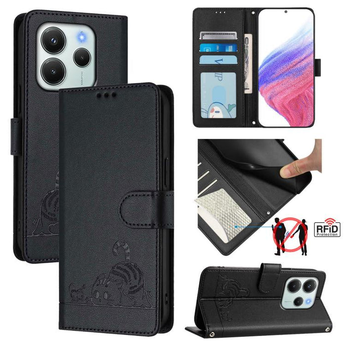 Funda para teléfono de cuero RFID con estampado en relieve de gato y rata y cordón, For Redmi A7 Pro 171mm / Poco C85x 5G, For Redmi 15a 5G Global, For Redmi Turbo 5 Max / Poco X8 Pro Max, For Redmi Turbo 5 5G / Poco X8 Pro 5G                          ...