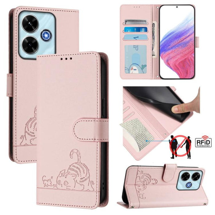 Funda para teléfono de cuero RFID con estampado en relieve de gato y rata y cordón, For Redmi A7 Pro 171mm / Poco C85x 5G, For Redmi 15a 5G Global, For Redmi Turbo 5 Max / Poco X8 Pro Max, For Redmi Turbo 5 5G / Poco X8 Pro 5G                          ...