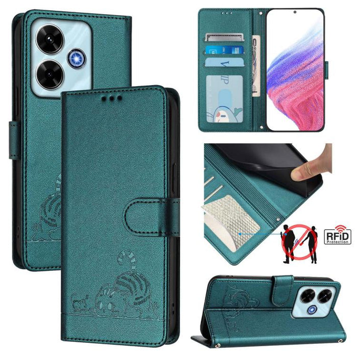 Funda para teléfono de cuero RFID con estampado en relieve de gato y rata y cordón, For Redmi A7 Pro 171mm / Poco C85x 5G, For Redmi 15a 5G Global, For Redmi Turbo 5 Max / Poco X8 Pro Max, For Redmi Turbo 5 5G / Poco X8 Pro 5G                          ...
