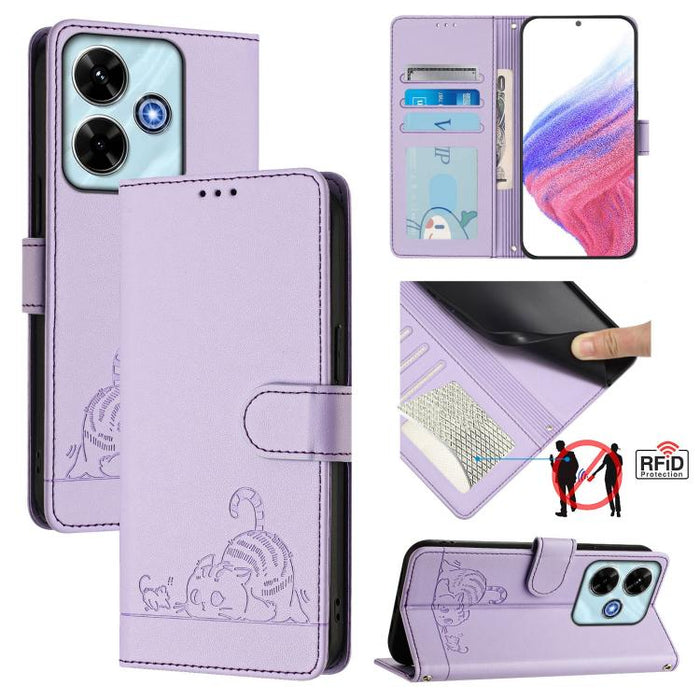 Funda para teléfono de cuero RFID con estampado en relieve de gato y rata y cordón, For Redmi A7 Pro 171mm / Poco C85x 5G, For Redmi 15a 5G Global, For Redmi Turbo 5 Max / Poco X8 Pro Max, For Redmi Turbo 5 5G / Poco X8 Pro 5G                          ...