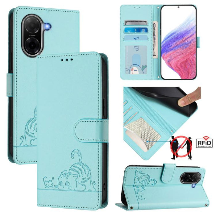 Funda para teléfono de cuero RFID con estampado en relieve de gato y rata y cordón, For Redmi A7 Pro 171mm / Poco C85x 5G, For Redmi 15a 5G Global, For Redmi Turbo 5 Max / Poco X8 Pro Max, For Redmi Turbo 5 5G / Poco X8 Pro 5G                          ...