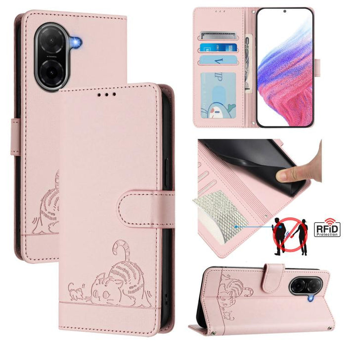 Funda para teléfono de cuero RFID con estampado en relieve de gato y rata y cordón, For Redmi A7 Pro 171mm / Poco C85x 5G, For Redmi 15a 5G Global, For Redmi Turbo 5 Max / Poco X8 Pro Max, For Redmi Turbo 5 5G / Poco X8 Pro 5G                          ...