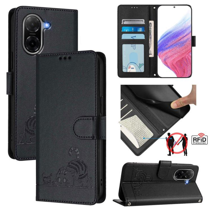 Funda para teléfono de cuero RFID con estampado en relieve de gato y rata y cordón, For Redmi A7 Pro 171mm / Poco C85x 5G, For Redmi 15a 5G Global, For Redmi Turbo 5 Max / Poco X8 Pro Max, For Redmi Turbo 5 5G / Poco X8 Pro 5G                          ...