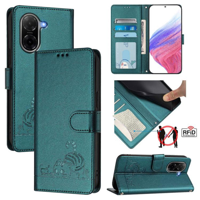 Funda para teléfono de cuero RFID con estampado en relieve de gato y rata y cordón, For Redmi A7 Pro 171mm / Poco C85x 5G, For Redmi 15a 5G Global, For Redmi Turbo 5 Max / Poco X8 Pro Max, For Redmi Turbo 5 5G / Poco X8 Pro 5G                          ...