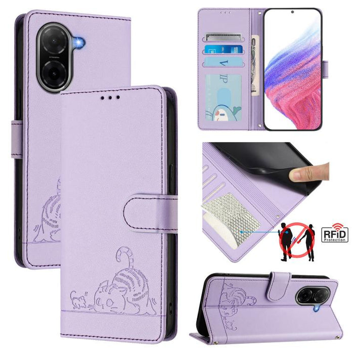 Funda para teléfono de cuero RFID con estampado en relieve de gato y rata y cordón, For Redmi A7 Pro 171mm / Poco C85x 5G, For Redmi 15a 5G Global, For Redmi Turbo 5 Max / Poco X8 Pro Max, For Redmi Turbo 5 5G / Poco X8 Pro 5G                          ...