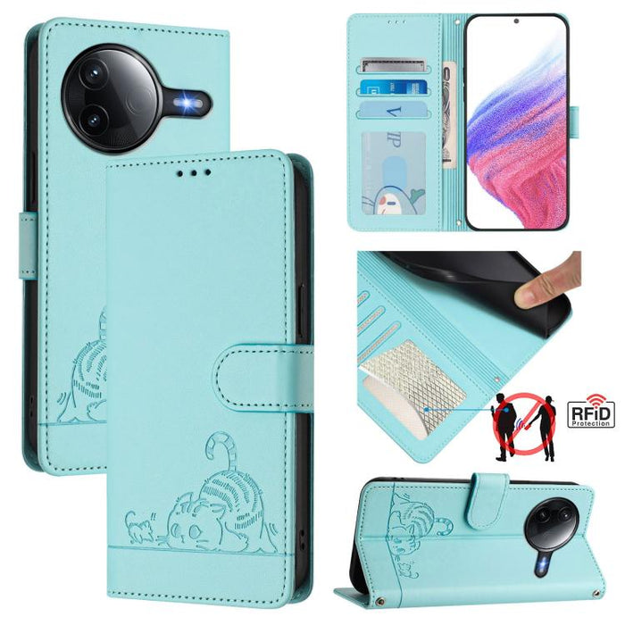 Funda para teléfono de cuero RFID con estampado en relieve de gato y rata y cordón, For Redmi A7 Pro 171mm / Poco C85x 5G, For Redmi 15a 5G Global, For Redmi Turbo 5 Max / Poco X8 Pro Max, For Redmi Turbo 5 5G / Poco X8 Pro 5G                          ...
