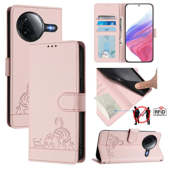 Funda para teléfono de cuero RFID con estampado en relieve de gato y rata y cordón, For Redmi A7 Pro 171mm / Poco C85x 5G, For Redmi 15a 5G Global, For Redmi Turbo 5 Max / Poco X8 Pro Max, For Redmi Turbo 5 5G / Poco X8 Pro 5G                          ...