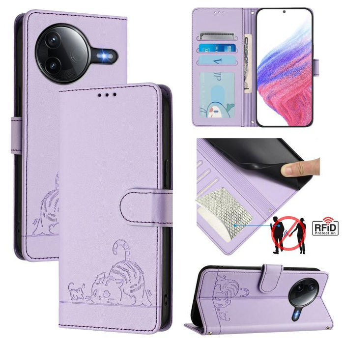 Funda para teléfono de cuero RFID con estampado en relieve de gato y rata y cordón, For Redmi A7 Pro 171mm / Poco C85x 5G, For Redmi 15a 5G Global, For Redmi Turbo 5 Max / Poco X8 Pro Max, For Redmi Turbo 5 5G / Poco X8 Pro 5G                          ...