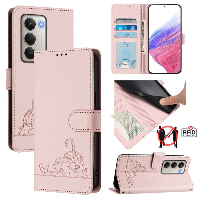 Funda para teléfono de cuero RFID con estampado en relieve de gato y rata y cordón, For Redmi A7 Pro 171mm / Poco C85x 5G, For Redmi 15a 5G Global, For Redmi Turbo 5 Max / Poco X8 Pro Max, For Redmi Turbo 5 5G / Poco X8 Pro 5G                          ...