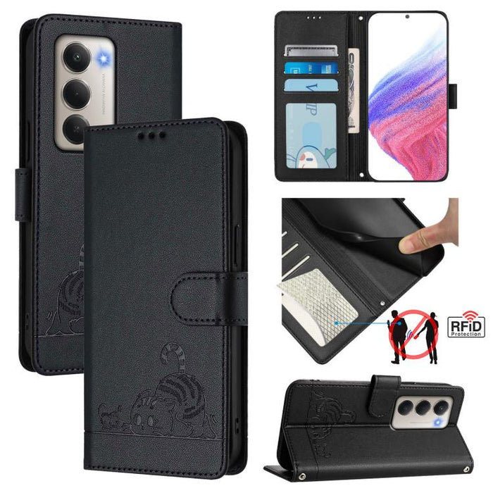 Funda para teléfono de cuero RFID con estampado en relieve de gato y rata y cordón, For Redmi A7 Pro 171mm / Poco C85x 5G, For Redmi 15a 5G Global, For Redmi Turbo 5 Max / Poco X8 Pro Max, For Redmi Turbo 5 5G / Poco X8 Pro 5G                          ...
