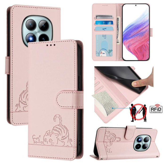 Funda para teléfono de cuero RFID con estampado en relieve de gato y rata y cordón, For Redmi A7 Pro 171mm / Poco C85x 5G, For Redmi 15a 5G Global, For Redmi Turbo 5 Max / Poco X8 Pro Max, For Redmi Turbo 5 5G / Poco X8 Pro 5G                          ...