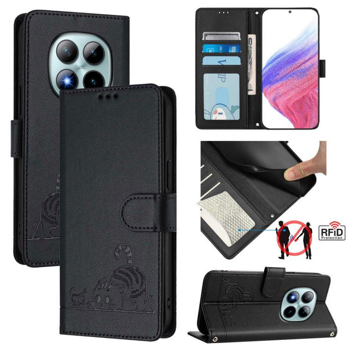 Funda para teléfono de cuero RFID con estampado en relieve de gato y rata y cordón, For Redmi A7 Pro 171mm / Poco C85x 5G, For Redmi 15a 5G Global, For Redmi Turbo 5 Max / Poco X8 Pro Max, For Redmi Turbo 5 5G / Poco X8 Pro 5G                          ...