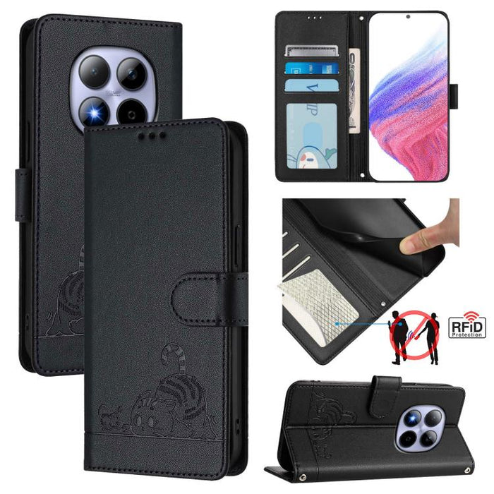 Funda para teléfono de cuero RFID con estampado en relieve de gato y rata y cordón, For Redmi A7 Pro 171mm / Poco C85x 5G, For Redmi 15a 5G Global, For Redmi Turbo 5 Max / Poco X8 Pro Max, For Redmi Turbo 5 5G / Poco X8 Pro 5G                          ...