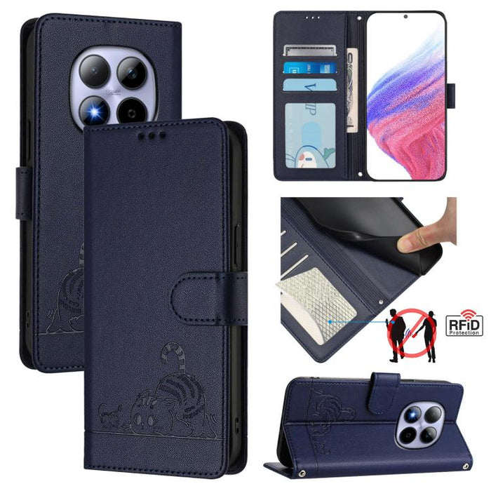 Funda para teléfono de cuero RFID con estampado en relieve de gato y rata y cordón, For Redmi A7 Pro 171mm / Poco C85x 5G, For Redmi 15a 5G Global, For Redmi Turbo 5 Max / Poco X8 Pro Max, For Redmi Turbo 5 5G / Poco X8 Pro 5G                          ...