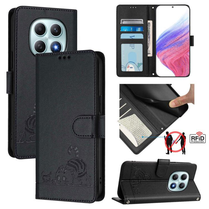 Funda para teléfono de cuero RFID con estampado en relieve de gato y rata y cordón, For Redmi A7 Pro 171mm / Poco C85x 5G, For Redmi 15a 5G Global, For Redmi Turbo 5 Max / Poco X8 Pro Max, For Redmi Turbo 5 5G / Poco X8 Pro 5G                          ...