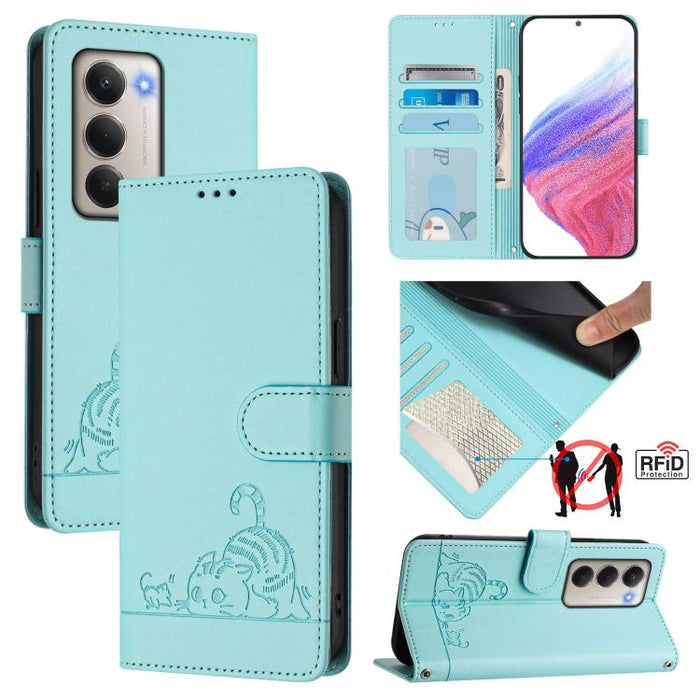 Funda para teléfono de cuero RFID con estampado en relieve de gato y rata y cordón, For Redmi A7 Pro 171mm / Poco C85x 5G, For Redmi 15a 5G Global, For Redmi Turbo 5 Max / Poco X8 Pro Max, For Redmi Turbo 5 5G / Poco X8 Pro 5G                          ...