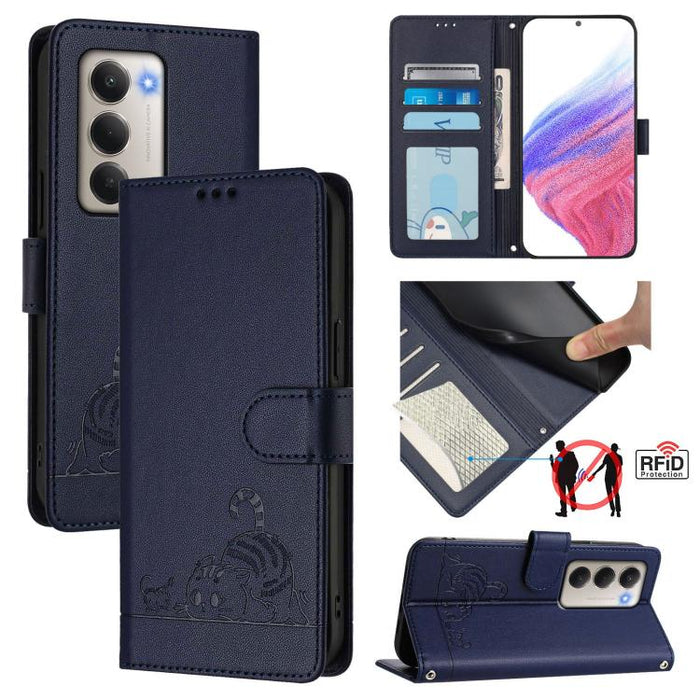 Funda para teléfono de cuero RFID con estampado en relieve de gato y rata y cordón, For Redmi A7 Pro 171mm / Poco C85x 5G, For Redmi 15a 5G Global, For Redmi Turbo 5 Max / Poco X8 Pro Max, For Redmi Turbo 5 5G / Poco X8 Pro 5G                          ...