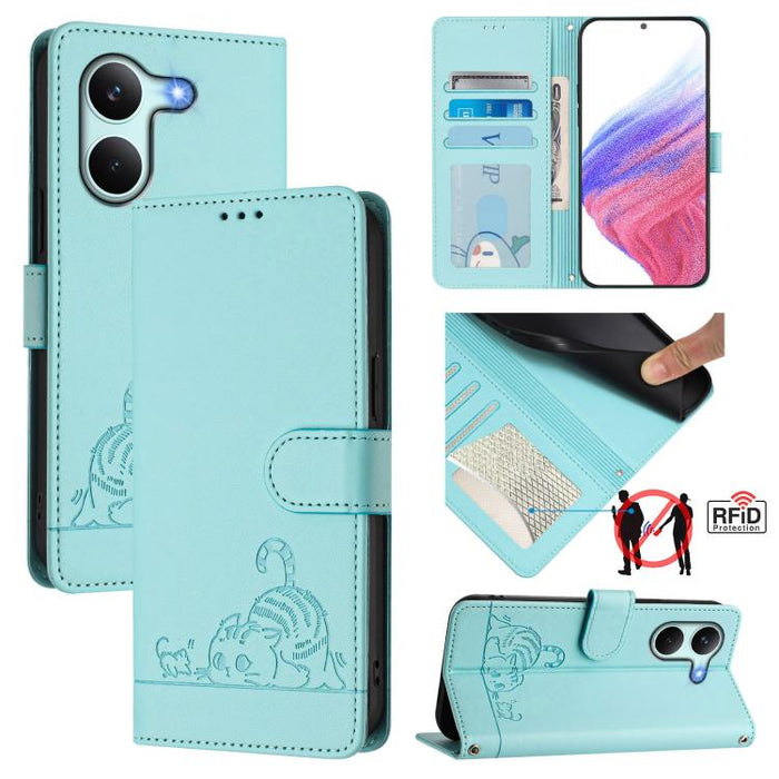 Funda para teléfono de cuero RFID con estampado en relieve de gato y rata y cordón, For Redmi A7 Pro 171mm / Poco C85x 5G, For Redmi 15a 5G Global, For Redmi Turbo 5 Max / Poco X8 Pro Max, For Redmi Turbo 5 5G / Poco X8 Pro 5G                          ...
