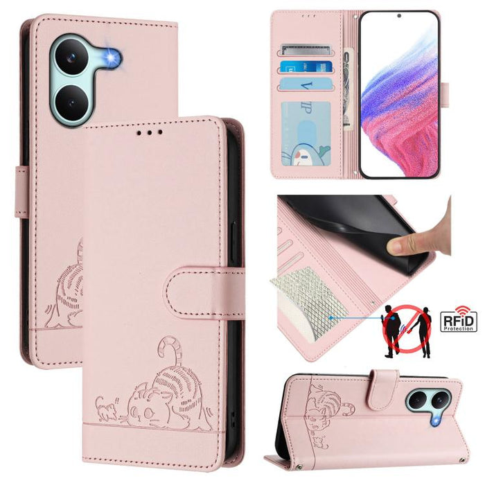 Funda para teléfono de cuero RFID con estampado en relieve de gato y rata y cordón, For Redmi A7 Pro 171mm / Poco C85x 5G, For Redmi 15a 5G Global, For Redmi Turbo 5 Max / Poco X8 Pro Max, For Redmi Turbo 5 5G / Poco X8 Pro 5G                          ...