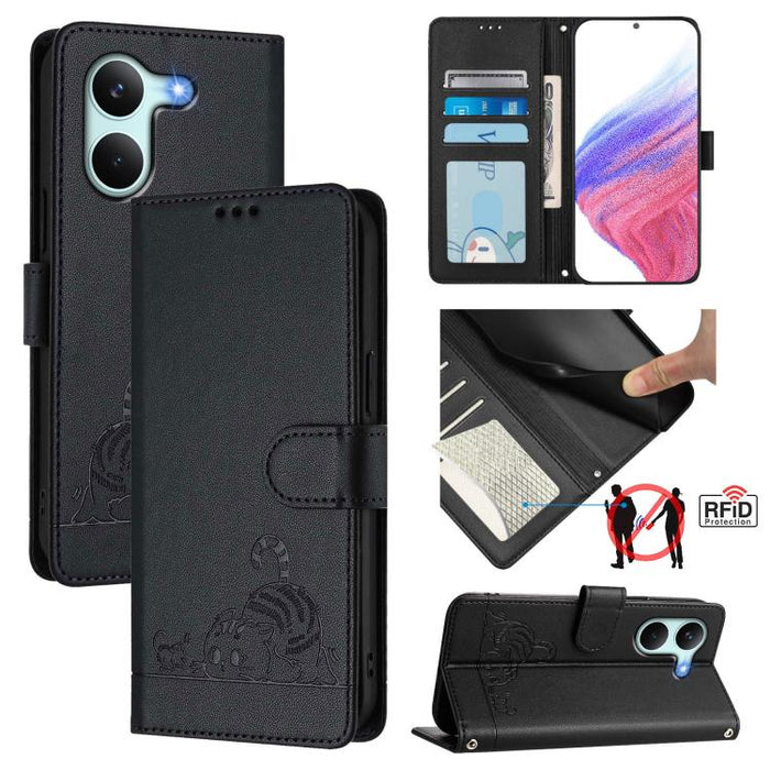 Funda para teléfono de cuero RFID con estampado en relieve de gato y rata y cordón, For Redmi A7 Pro 171mm / Poco C85x 5G, For Redmi 15a 5G Global, For Redmi Turbo 5 Max / Poco X8 Pro Max, For Redmi Turbo 5 5G / Poco X8 Pro 5G                          ...