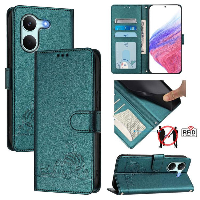 Funda para teléfono de cuero RFID con estampado en relieve de gato y rata y cordón, For Redmi A7 Pro 171mm / Poco C85x 5G, For Redmi 15a 5G Global, For Redmi Turbo 5 Max / Poco X8 Pro Max, For Redmi Turbo 5 5G / Poco X8 Pro 5G                          ...