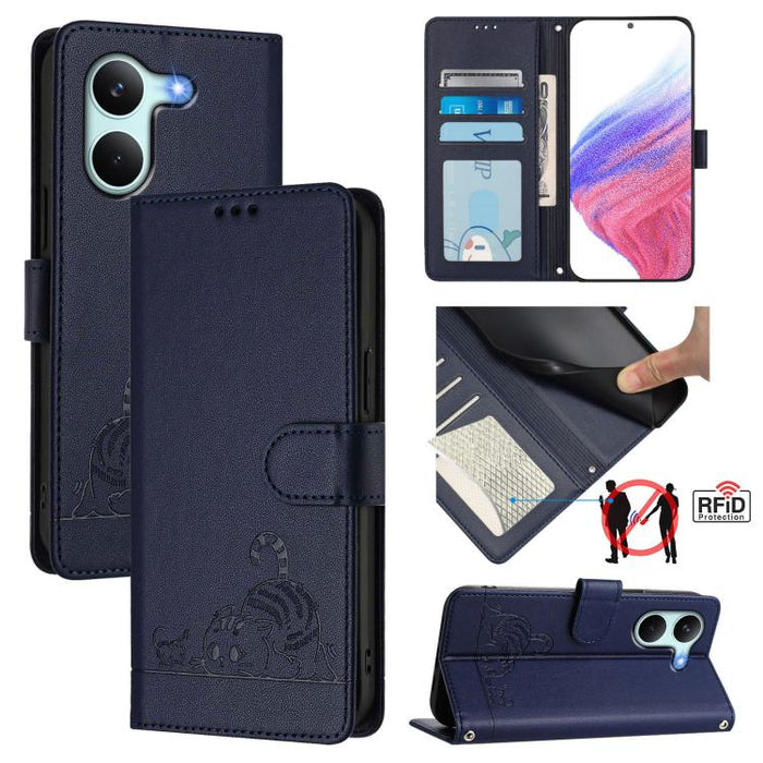 Funda para teléfono de cuero RFID con estampado en relieve de gato y rata y cordón, For Redmi A7 Pro 171mm / Poco C85x 5G, For Redmi 15a 5G Global, For Redmi Turbo 5 Max / Poco X8 Pro Max, For Redmi Turbo 5 5G / Poco X8 Pro 5G                          ...