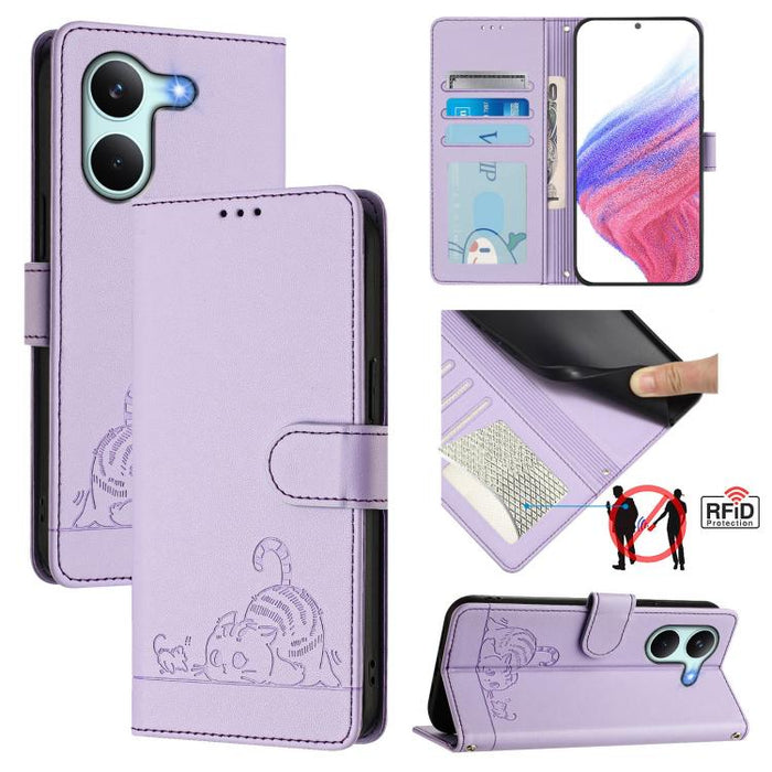 Funda para teléfono de cuero RFID con estampado en relieve de gato y rata y cordón, For Redmi A7 Pro 171mm / Poco C85x 5G, For Redmi 15a 5G Global, For Redmi Turbo 5 Max / Poco X8 Pro Max, For Redmi Turbo 5 5G / Poco X8 Pro 5G                          ...