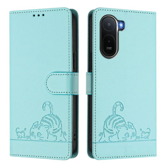 Funda para teléfono de cuero RFID con estampado en relieve de gato y rata y cordón, For Redmi A7 Pro 171mm / Poco C85x 5G, For Redmi 15a 5G Global, For Redmi Turbo 5 Max / Poco X8 Pro Max, For Redmi Turbo 5 5G / Poco X8 Pro 5G                          ...