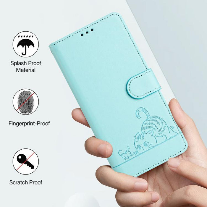 Funda para teléfono de cuero RFID con estampado en relieve de gato y rata y cordón, For Redmi A7 Pro 171mm / Poco C85x 5G, For Redmi 15a 5G Global, For Redmi Turbo 5 Max / Poco X8 Pro Max, For Redmi Turbo 5 5G / Poco X8 Pro 5G                          ...