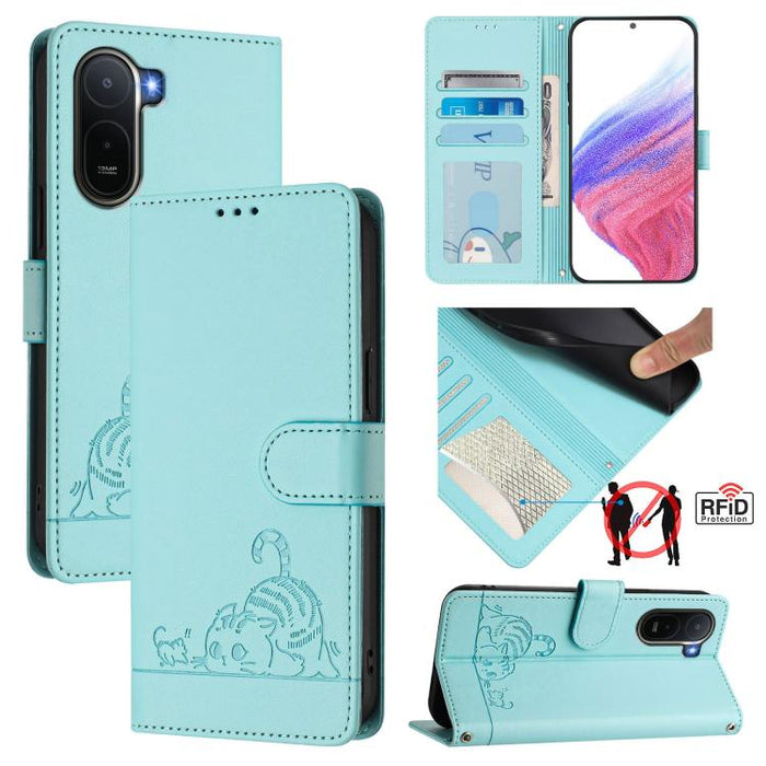 Funda para teléfono de cuero RFID con estampado en relieve de gato y rata y cordón, For Redmi A7 Pro 171mm / Poco C85x 5G, For Redmi 15a 5G Global, For Redmi Turbo 5 Max / Poco X8 Pro Max, For Redmi Turbo 5 5G / Poco X8 Pro 5G                          ...