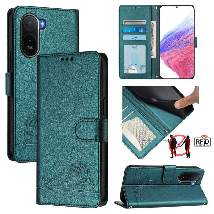 Funda para teléfono de cuero RFID con estampado en relieve de gato y rata y cordón, For Redmi A7 Pro 171mm / Poco C85x 5G, For Redmi 15a 5G Global, For Redmi Turbo 5 Max / Poco X8 Pro Max, For Redmi Turbo 5 5G / Poco X8 Pro 5G                          ...
