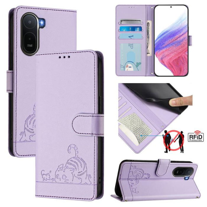 Funda para teléfono de cuero RFID con estampado en relieve de gato y rata y cordón, For Redmi A7 Pro 171mm / Poco C85x 5G, For Redmi 15a 5G Global, For Redmi Turbo 5 Max / Poco X8 Pro Max, For Redmi Turbo 5 5G / Poco X8 Pro 5G                          ...