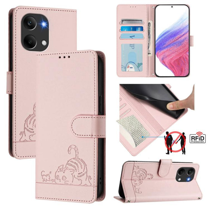 Funda para teléfono de cuero RFID con estampado en relieve de gato y rata y cordón, For Redmi A7 Pro 171mm / Poco C85x 5G, For Redmi 15a 5G Global, For Redmi Turbo 5 Max / Poco X8 Pro Max, For Redmi Turbo 5 5G / Poco X8 Pro 5G                          ...