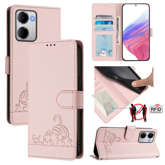 Funda para teléfono de cuero RFID con estampado en relieve de gato y rata y cordón, For Redmi A7 Pro 171mm / Poco C85x 5G, For Redmi 15a 5G Global, For Redmi Turbo 5 Max / Poco X8 Pro Max, For Redmi Turbo 5 5G / Poco X8 Pro 5G                          ...