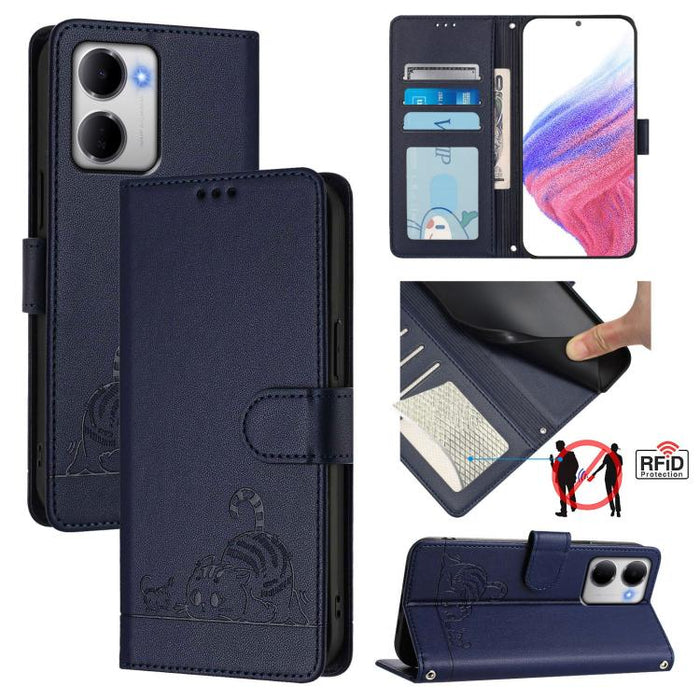 Funda para teléfono de cuero RFID con estampado en relieve de gato y rata y cordón, For Redmi A7 Pro 171mm / Poco C85x 5G, For Redmi 15a 5G Global, For Redmi Turbo 5 Max / Poco X8 Pro Max, For Redmi Turbo 5 5G / Poco X8 Pro 5G                          ...