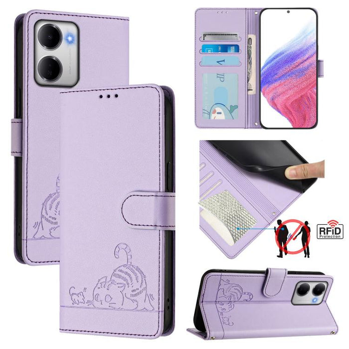 Funda para teléfono de cuero RFID con estampado en relieve de gato y rata y cordón, For Redmi A7 Pro 171mm / Poco C85x 5G, For Redmi 15a 5G Global, For Redmi Turbo 5 Max / Poco X8 Pro Max, For Redmi Turbo 5 5G / Poco X8 Pro 5G                          ...