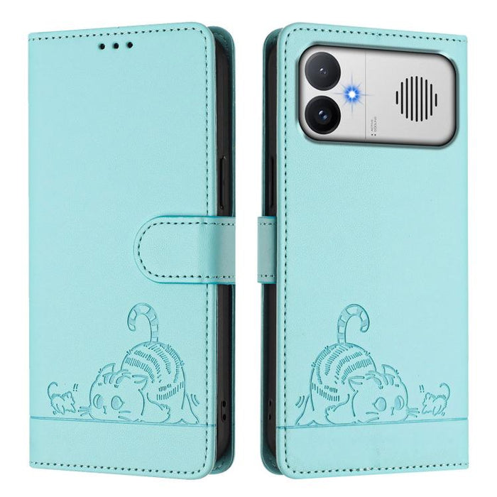 Funda para teléfono de cuero RFID con estampado en relieve de gato y rata y cordón, For Redmi A7 Pro 171mm / Poco C85x 5G, For Redmi 15a 5G Global, For Redmi Turbo 5 Max / Poco X8 Pro Max, For Redmi Turbo 5 5G / Poco X8 Pro 5G                          ...