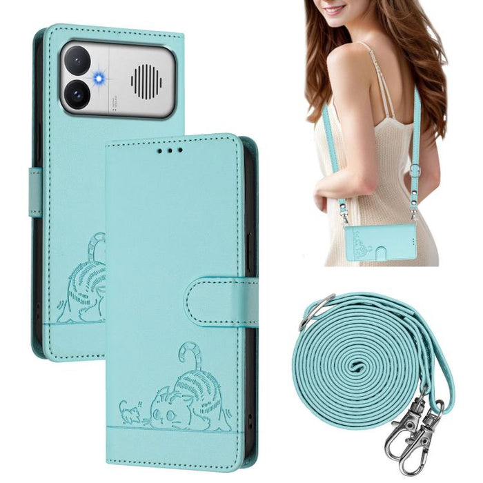 Funda para teléfono de cuero RFID con estampado en relieve de gato y rata y cordón, For Redmi A7 Pro 171mm / Poco C85x 5G, For Redmi 15a 5G Global, For Redmi Turbo 5 Max / Poco X8 Pro Max, For Redmi Turbo 5 5G / Poco X8 Pro 5G                          ...