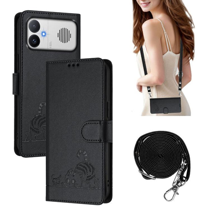 Funda para teléfono de cuero RFID con estampado en relieve de gato y rata y cordón, For Redmi A7 Pro 171mm / Poco C85x 5G, For Redmi 15a 5G Global, For Redmi Turbo 5 Max / Poco X8 Pro Max, For Redmi Turbo 5 5G / Poco X8 Pro 5G                          ...
