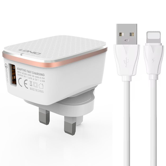 Cargador rápido USB LDNIO A1204Q QC3.0 de 18 W con cable USB a 8 pines de 1 m, EU Plug, UK Plug, US Plug