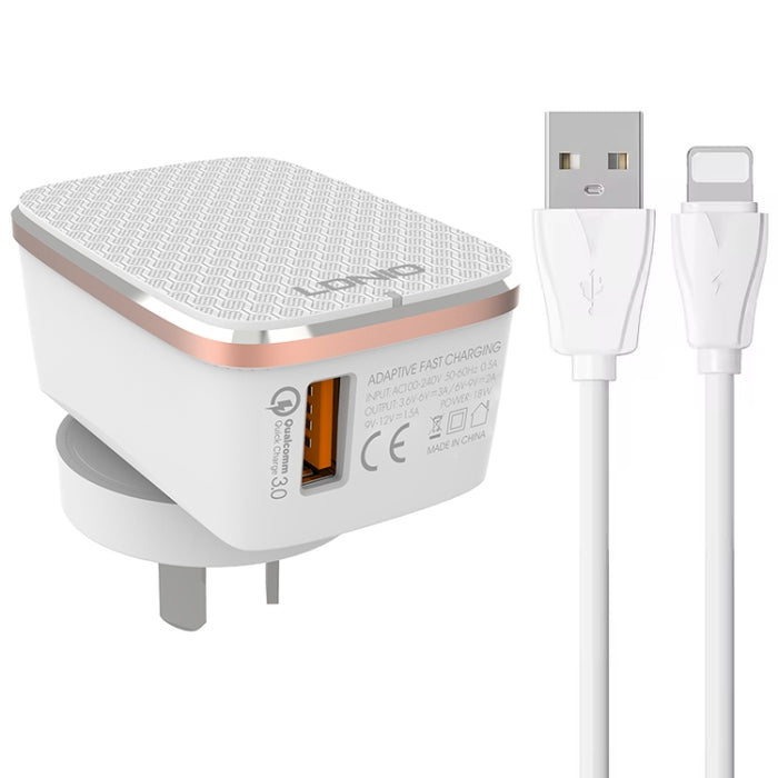 Cargador rápido USB LDNIO A1204Q QC3.0 de 18 W con cable USB a 8 pines de 1 m, EU Plug, UK Plug, US Plug