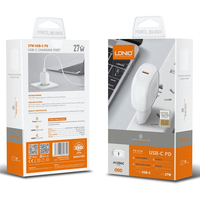Cargador rápido LDNIO A1206C PD27W USB-C / Type-C con cable de 8 pines de 1 m, EU Plug