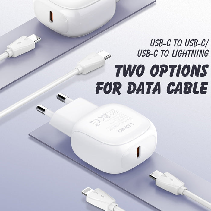 Cargador rápido LDNIO A1206C PD27W USB-C / Type-C con cable de 8 pines de 1 m, EU Plug