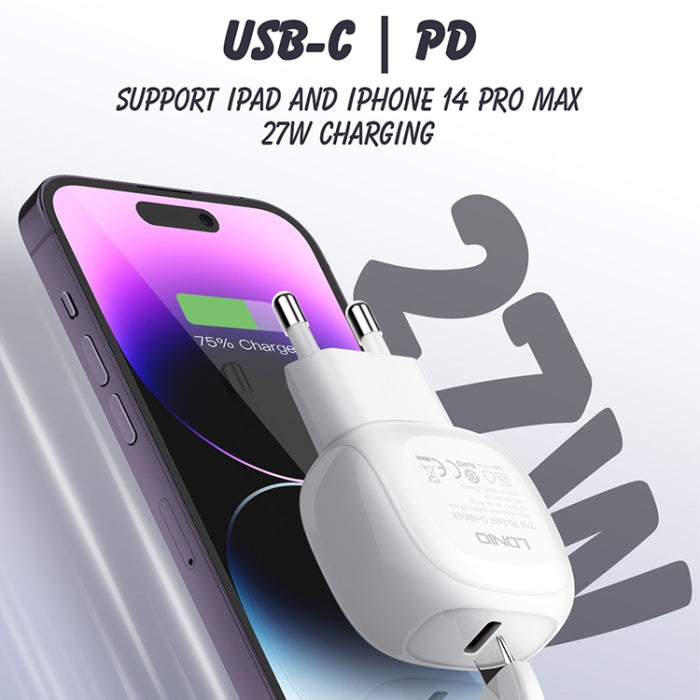 Cargador rápido LDNIO A1206C PD27W USB-C / Type-C con cable de 8 pines de 1 m, EU Plug