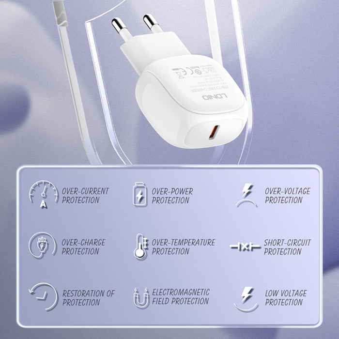 Cargador rápido LDNIO A1206C PD27W USB-C / Type-C con cable de 8 pines de 1 m, EU Plug