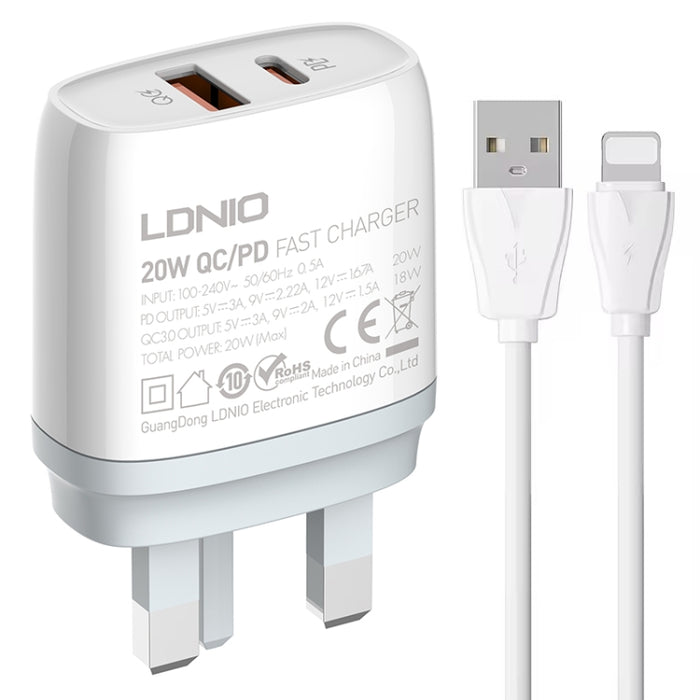 Cargador rápido USB + tipo C LDNIO Q229 QC3.0/PD20W con cable USB a 8 pines de 1 m, EU Plug, UK Plug, US Plug
